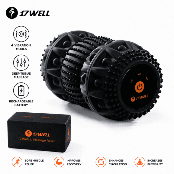 17Well RECOVERO ROLL, Black Portable Vibrating Massage Roller, 4 Vibration Modes For Gym Home Muscle Recovery