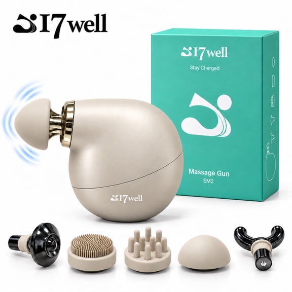 17Well EM2 Mini Massage Gun, Portable Percussion Massager with 5 Speeds & 5 Interchangeable Heads, Handheld Muscle Recovery Gun for Gym Office Travel