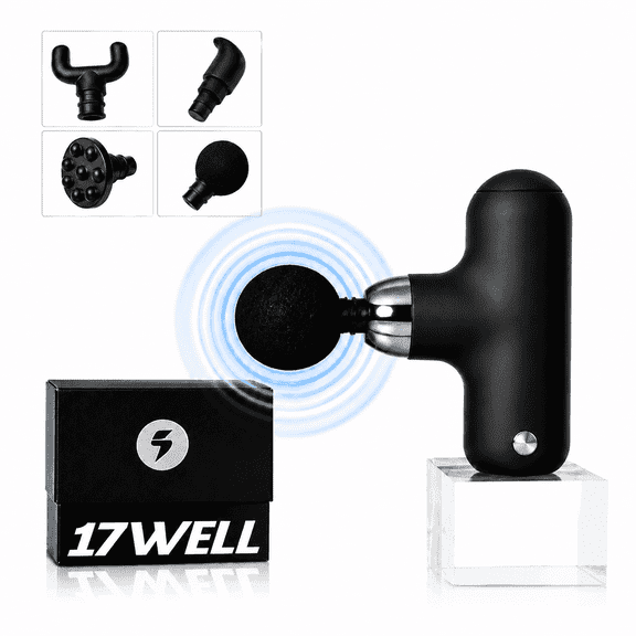 17Well 4-Speed Portable Deep Tissue Muscle Percussion Massage Gun w/ 4 Heads, Black