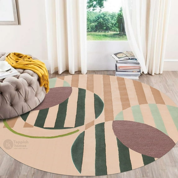 17X17 Area Rug, Beige Color, Bedroom, Hallway, Round Carpet, Geometric Wool, Handmade Rugs