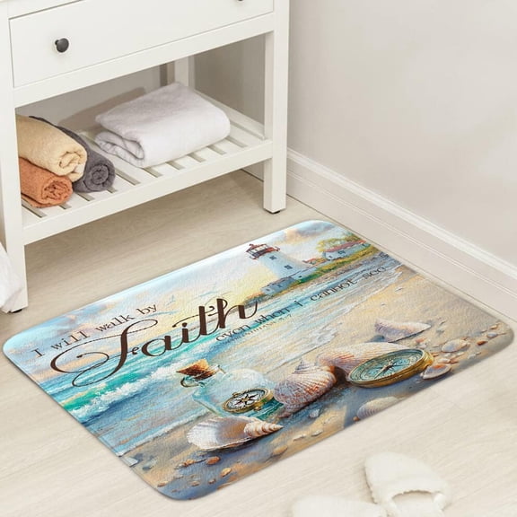 17X29 Beach Ocean Bath Mats Rugs for Bathroom, Bible Verse Quotes Inspirational Flannel Bathroom Floor Mat Bath Rug Non Slip, Nautical Coastal Christian Scripture Floor Mat Bath Rug