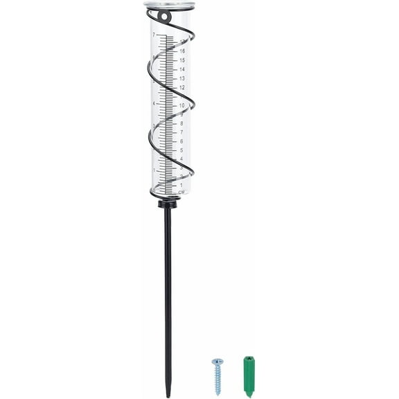 17cm Rain Gauge Glass Spiral Rain Measurement Tools Garden Rain Gauge with Metal Frame Rain Measuring Cup with Black Iron for Garden