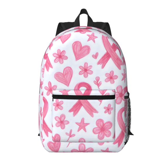 17in Backpack With Pocket Adjustable Shoulder Strap Large Capacity Zipper Opening And Closing Double Pull Head Zipper For Work Travel Sports Artistic Pink Ribbon Pattern With Sketched Elements