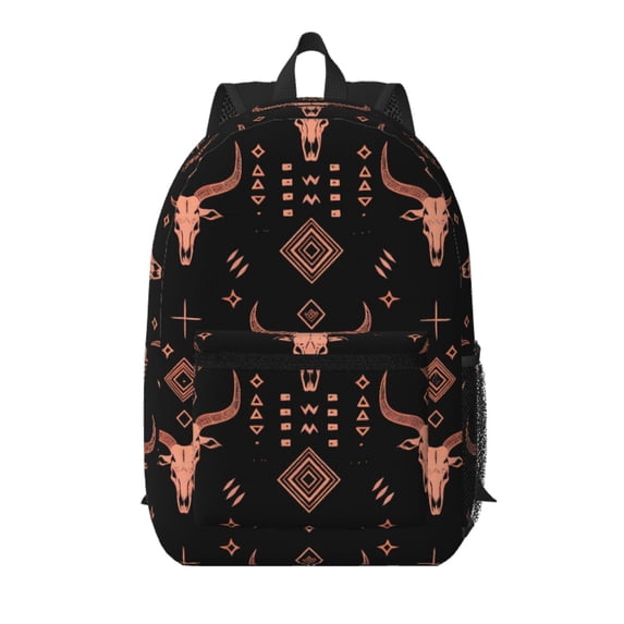 17in Backpack With Pocket Adjustable Shoulder Strap Large Capacity Zipper Opening And Closing Double Pull Head Zipper For Work Travel Sports Bohemian Cow Skull