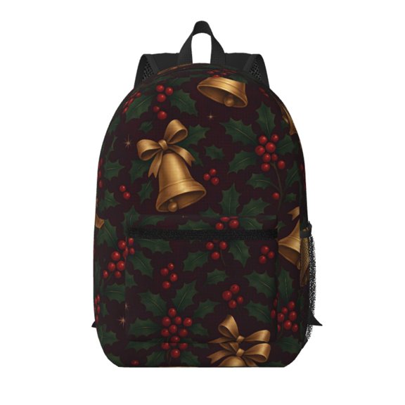 17in Backpack With Pocket Adjustable Shoulder Strap Large Capacity Zipper Opening And Closing Double Pull Head Zipper For Work Travel Sports Elegant Christmas Bell And Holly Pattern