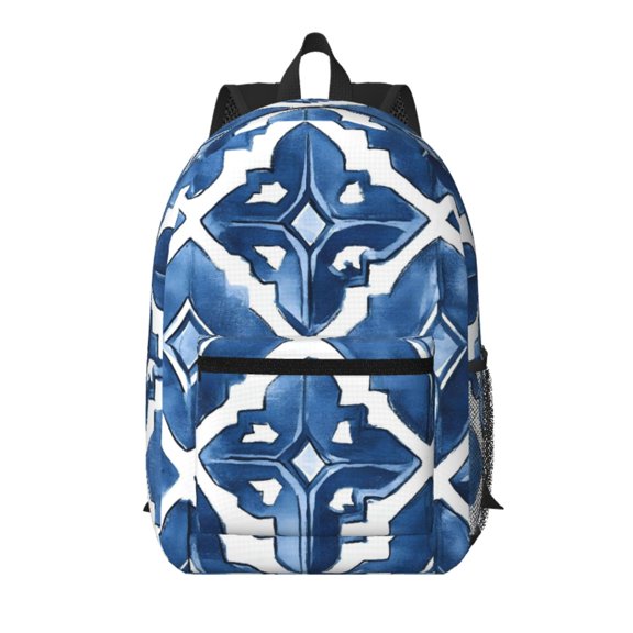 17in Backpack With Pocket Adjustable Shoulder Strap Large Capacity Zipper Opening And Closing Double Pull Head Zipper For Work Travel Sports Indigo Moroccan Trellis Hand-Drawn Sketch_2