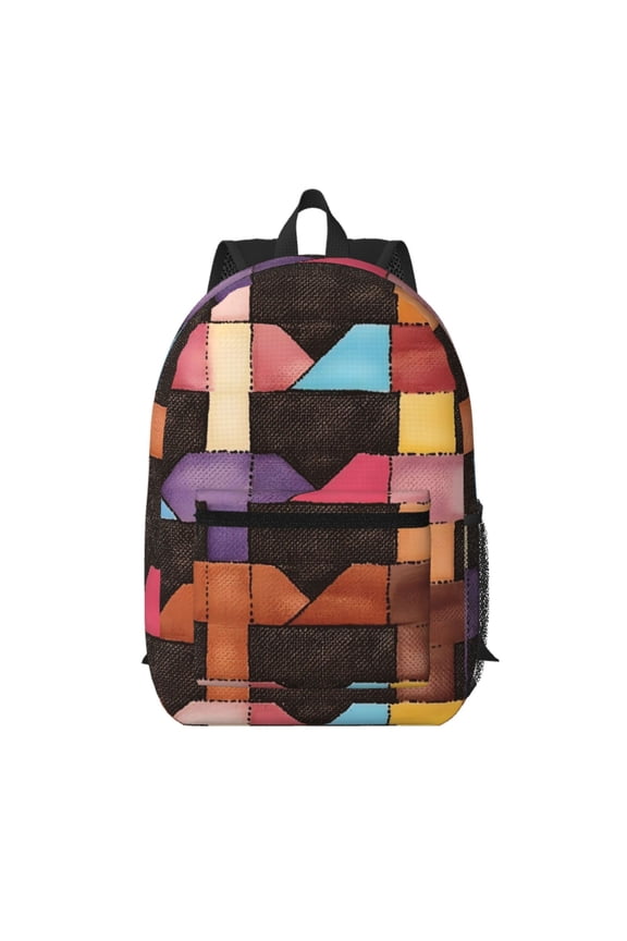 17in Backpack With Pocket Adjustable Shoulder Strap Large Capacity Zipper Opening And Closing Double Pull Head Zipper For Work Travel Sports Saddlebrown Colorful Houndstooth Hand-Drawn Sketch_2