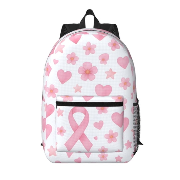 17in Backpack With Pocket Adjustable Shoulder Strap Large Capacity Zipper Opening And Closing Double Pull Head Zipper For Work Travel Sports Watercolor Pink Ribbon Pattern With Hearts And Stars
