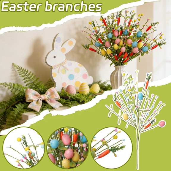 17in Easter Artificial Floral Pick with Egg and Carrot, Spring Faux Flower Stem for Easter Basket Arrangement, Wreath, Table Decor and Home Centerpiece