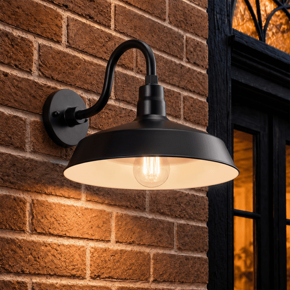 17in. Satin Black Outdoor Gooseneck Barn Light Fixture With 10in. Long Extension Arm - Wall Sconce Farmhouse, Vintage, Antique Style - UL Listed - 9W 900lm A19 LED Bulb (5000K Cool White)