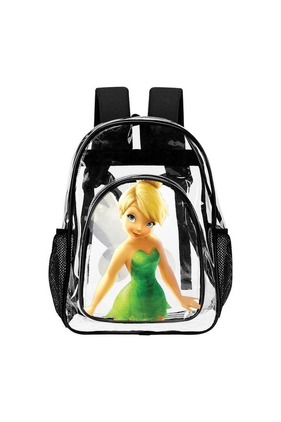 17in Tinkerbell Clear Backpack with Front Pocket Clear Bag Heavy Duty PVC Large Transparent Bag