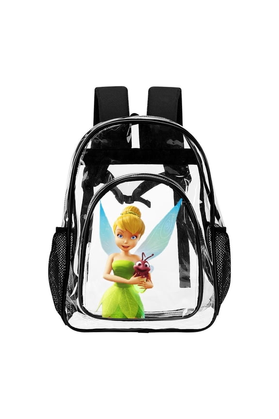 17in Tinkerbell Clear Backpack with Front Pocket Clear Bag Heavy Duty PVC Large Transparent Bag