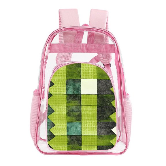 17in Transparent Schoolbag With Net Pocket Shoulder Strap Elastic Design Daily Commuting Travel Business Trip Pink-style Chartreuse Retro Houndstooth Hand-drawn Sketch_4