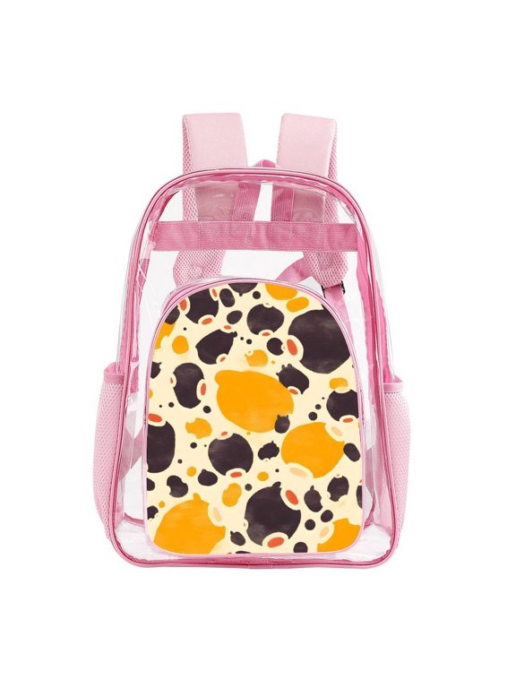 17in Transparent Schoolbag With Net Pocket Shoulder Strap Elastic Design Daily Commuting Travel Business Trip Pink-style Milk Cow Print Style Sienna_3