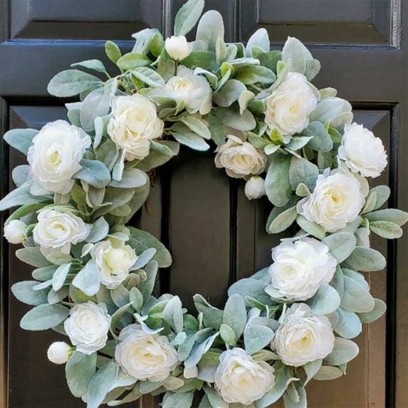 17inch White Rose Lambs Ear Wreath,Wreaths for Front Door Hanging Wreath Home Porch Farmhouse Wall Window Patio Garden Decoration