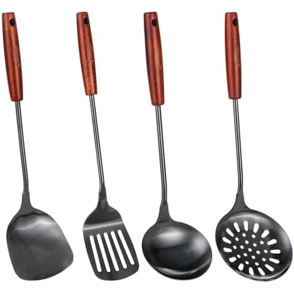 17inch Wok Spatula and Ladle, Skimmer Spoon, Slotted Turner Spatula Set 304 Stainless Steel Kitchen Utensils Sets, 4-Pieces Cooking Utensils Tools Wok Accessories