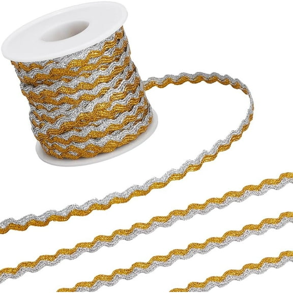 17m 7mm Metallic Two Tone Wavy Ribbon Gold Silver Rick Rack Trim Sparkle Bending Fringe Trim Zig Zag Lace Edging RIC Rac Webbing BrTrim for Cloth Sewing DIY Crafts Jewellery Bow Making