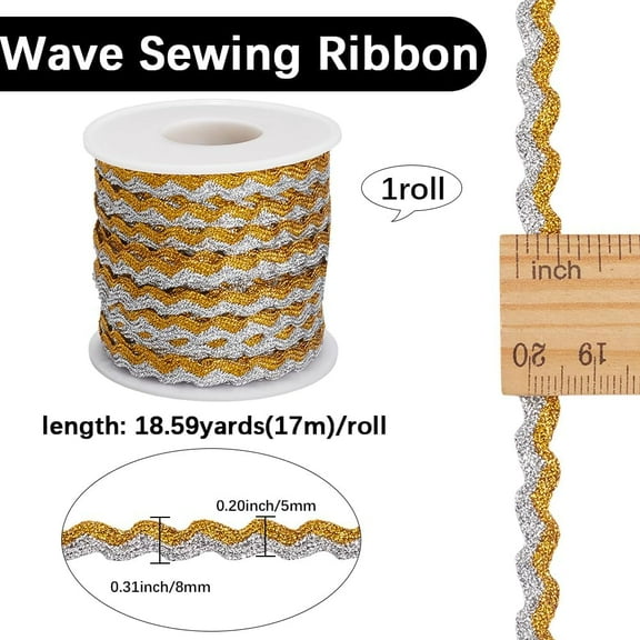 17m 7mm Metallic Two Tone Wavy Ribbon Gold Silver Rick Rack Trim Sparkle Bending Fringe Trim Zig Zag Lace Edging RIC Rac Webbing Braid Trim for Cloth Sewing DIY Crafts Jewellery Bow Making