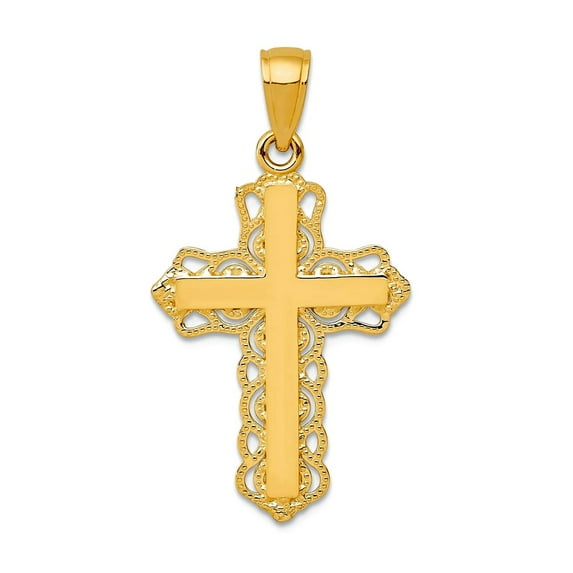 17mm 10k Solid Yellow Gold Lace Trim Religious Faith Cross Pendant Necklace Pendant for Women
