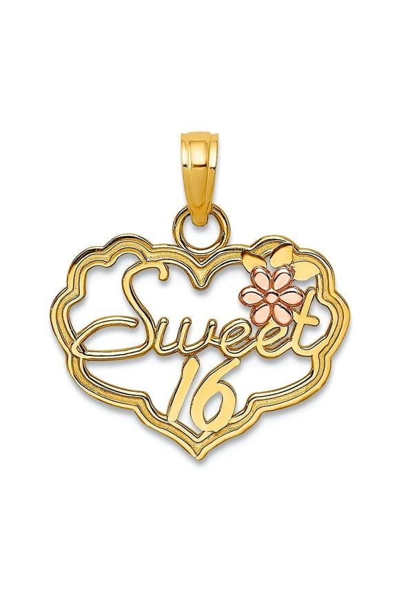 17mm 14k Two-tone Gold Sweet 16 In Scallop Love Heart Pendant Necklace With Pink Flower Pendant for Women