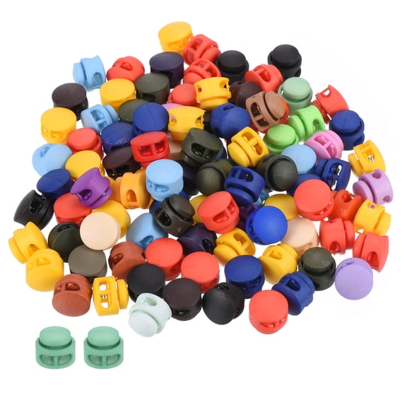 17mm Cord Locks Set, 100 Pack Round Double Hole Multicolor Spring Toggle Stopper for Drawstring Bag Shoelaces