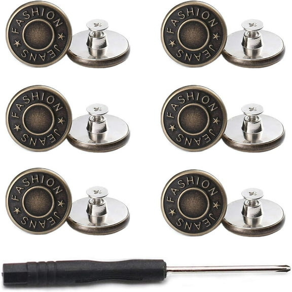 17mm No Sewing Jeans Buttons Replacement Kit with Metal Base,12 Sets Nailess Removable Metal Buttons Replacement Repair Combo Thread Rivets and Screwdrivers (0.67 inch)
