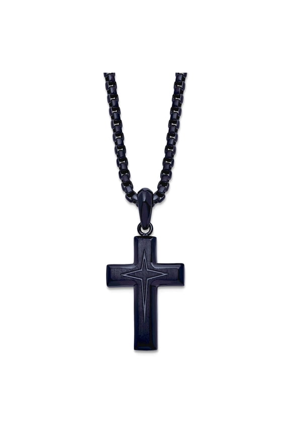 17mm Stainless Steel Brushed and Polished Dark Grey Ip Plated Religious Faith Cross Pendant a Box Chain Necklace 24 Inch