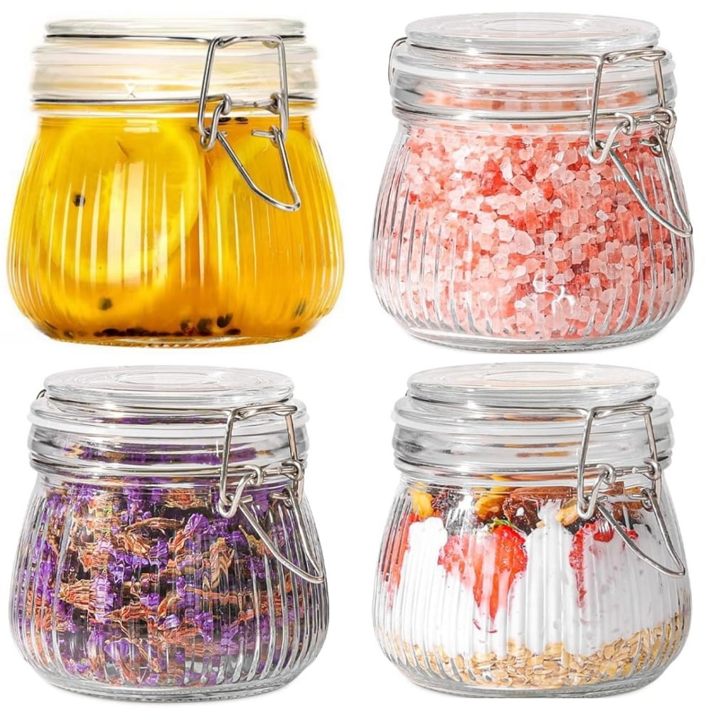 17oz Airtight Glass Jar with Lid, Dingrich Set of 4 Glass Storage Containers Food Storage Jar with Clamp Lids and Silicone Gaskets for Coffee, Sugar, Spice, Cereal, Kitchen & Pantry Storage