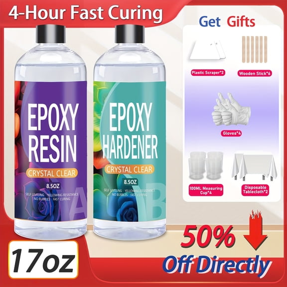 17oz Epoxy Resin Beginner Kit, complete with full tools. Crystal clear and yellowing resistant, ideal for both beginners and professionals, allowing you to create durable artworks!