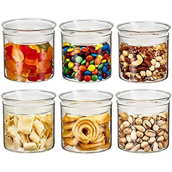 17oz Glass Food Storage Jars Set of 6, Clear Glass Canisters Set with Airtight Lids, Small Storge Container jar for Kitchen Spice, Sugar Container, Blooming Tea, Snacks