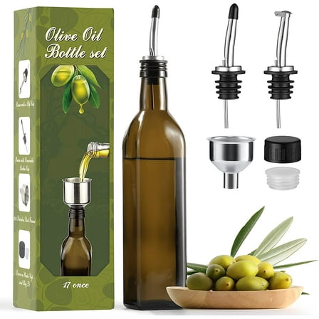17oz Glass Olive Oil Dispenser - Oil and Vinegar Cruet Bottle with Stainless Steel Pourers - Funnel For Easy Refill - Olive Oil Carafe Decanter for Kitchen