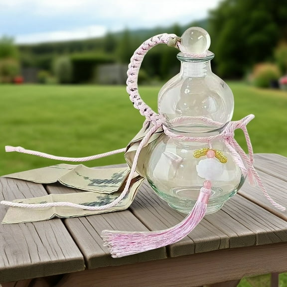 17oz Gourd Glass Water Bottle - Chinese Retro Style Leakproof Drinking Bottle for Tea, & Champagne, Comes with Strap & Charm, Travel & Sports