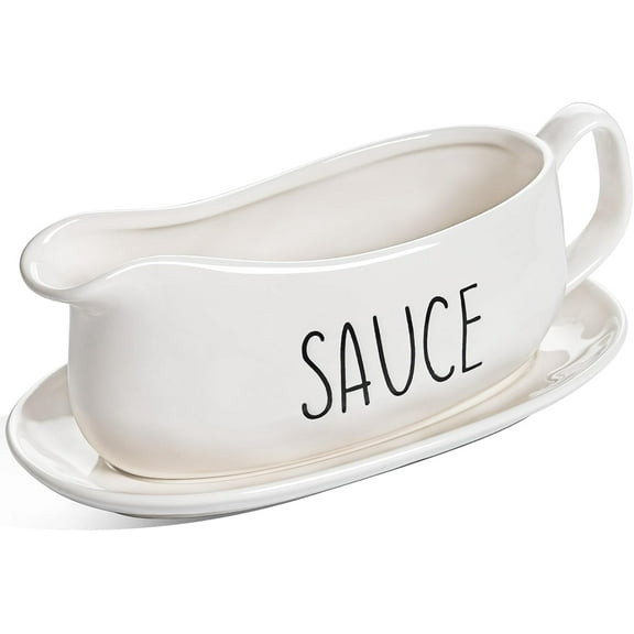 17oz Gravy Boat with Saucer Stand, Set of 1, Ceramic Sauce Boat with Tray for Salad Dressings, Creamer, Broth, Black Pepper