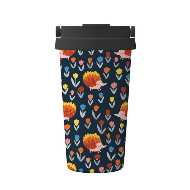 17oz Handheld Insulated Coffee Mug with Lid Cute Hedgehogs And Flowers