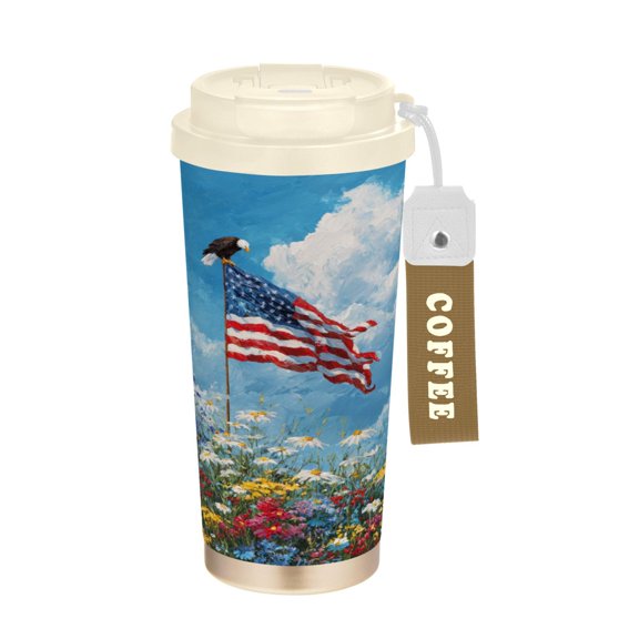 17oz Insulated Tumbler 316 Stainless Steel Double Wall Vacuum Coffee Mug Leakproof 2-Way Drinking Cup with Lid & Strap American Flag Is Flying in The Wind