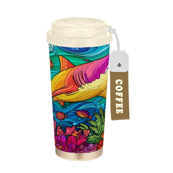 17oz Insulated Tumbler 316 Stainless Steel Double Wall Vacuum Coffee Mug Leakproof 2-Way Drinking Cup with Lid & Strap Colorful Shark Pattern