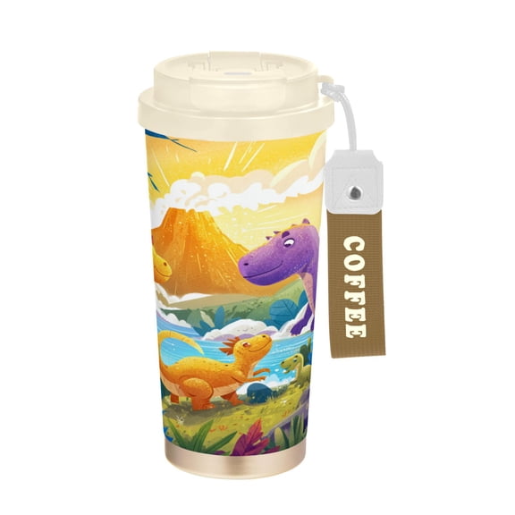 17oz Insulated Tumbler 316 Stainless Steel Double Wall Vacuum Coffee Mug Leakproof 2-Way Drinking Cup with Lid & Strap Cute Dinosaur Volcano Scene