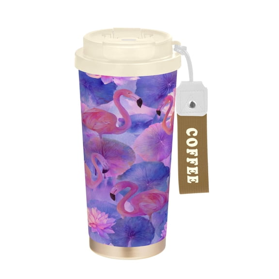 17oz Insulated Tumbler 316 Stainless Steel Double Wall Vacuum Coffee Mug Leakproof 2-Way Drinking Cup with Lid & Strap Elegant Watercolor Flamingos