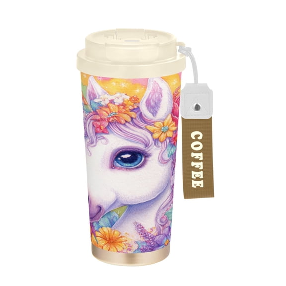 17oz Insulated Tumbler 316 Stainless Steel Double Wall Vacuum Coffee Mug Leakproof 2-Way Drinking Cup with Lid & Strap Floral Unicorn Rainbow Dream