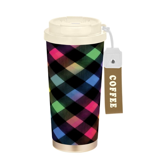 17oz Insulated Tumbler 316 Stainless Steel Double Wall Vacuum Coffee Mug Leakproof 2-Way Drinking Cup with Lid & Strap Neon Rainbow Checkered Pattern