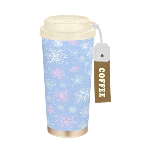 17oz Insulated Tumbler 316 Stainless Steel Double Wall Vacuum Coffee Mug Leakproof 2-Way Drinking Cup with Lid & Strap Pale Blue Snowflakes Pattern