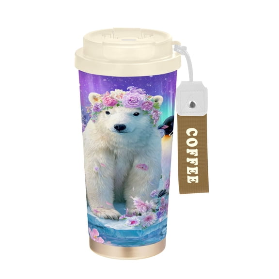 17oz Insulated Tumbler 316 Stainless Steel Double Wall Vacuum Coffee Mug Leakproof 2-Way Drinking Cup with Lid & Strap Polar Bear and Penguin Pattern