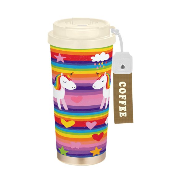 17oz Insulated Tumbler 316 Stainless Steel Double Wall Vacuum Coffee Mug Leakproof 2-Way Drinking Cup with Lid & Strap Rainbow Striped Unicorn Print