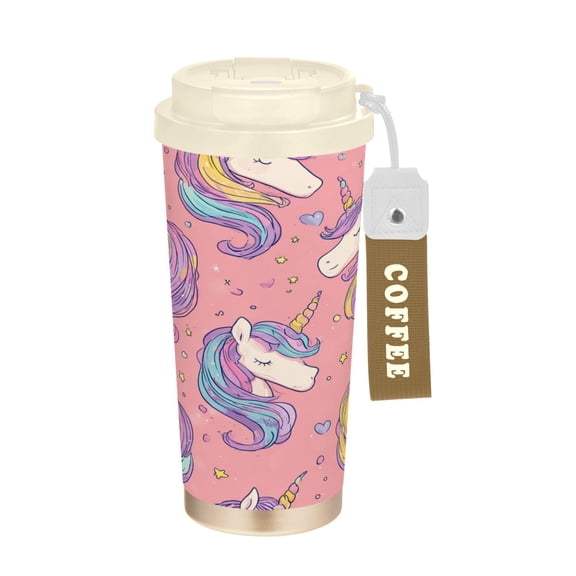 17oz Insulated Tumbler 316 Stainless Steel Double Wall Vacuum Coffee Mug Leakproof 2-Way Drinking Cup with Lid & Strap Soft Pink Unicorn Illustration