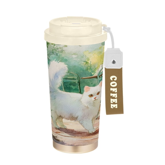 17oz Insulated Tumbler 316 Stainless Steel Double Wall Vacuum Coffee Mug Leakproof 2-Way Drinking Cup with Lid & Strap Watercolor White Persian Cat