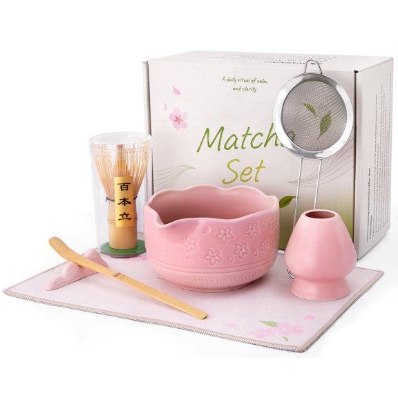 17oz Pink Cherry Blossom Ceramic Matcha Set, Complete Brewing Kit with Whisk, Spoon, Sifter & Gift Box for Home Decor & Lovers