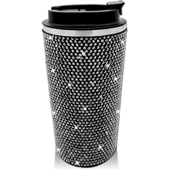 17oz Rhinestone Insulated Coffee Mug with Leak Proof Lid Stainless Steel Vacuum Bling Travel Coffee Mug Studded Diamond Sparkly Coffee Tumbler Cup Reusable Portable To Go Mugs (Black)