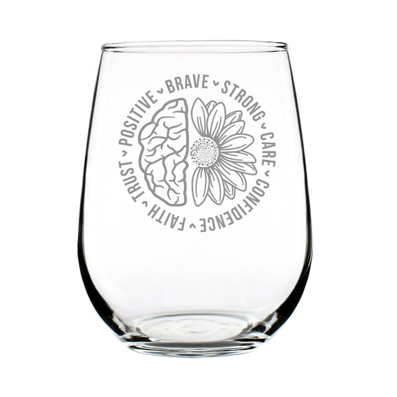 17oz Stemless Wine Glass Hand Engraved Etched Motivational Brain and Sunflower Design Positive Brave Strong Faith