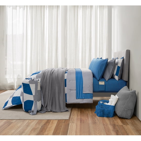 17pc College Dorm Essentials Bundle, Queen, Reversible Bed in a Bag Comforter Set, Navy Checker