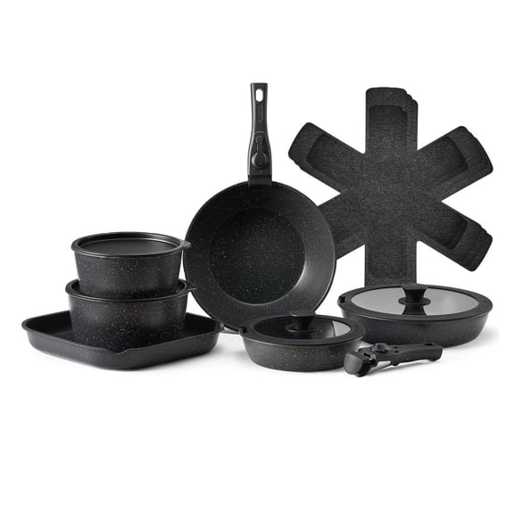 17pc Granite Nonstick Pots and Pans Set, Detachable Handle Cookware, Induction Compatible